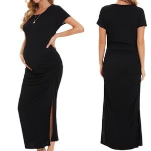 Black Maternity Maxi Dress with Side Ruched Slit